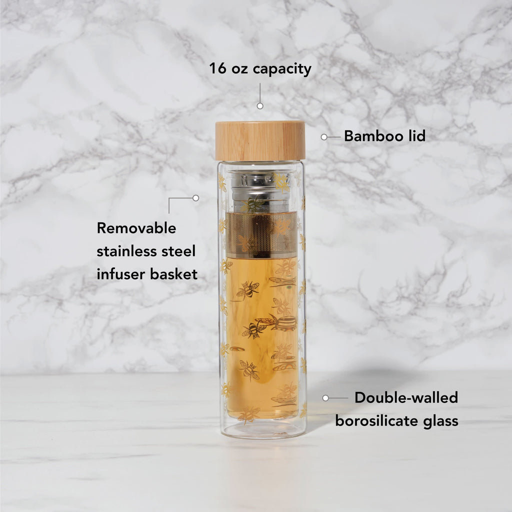 Pinky Up Blair Bee Glass Travel Infuser Mug with a bee design, perfect for brewing tea on the go